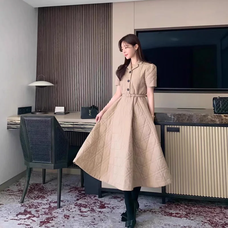 French Bubble Wrinkle Square Collar Slimming Puff Sleeve A line Dress Arrival