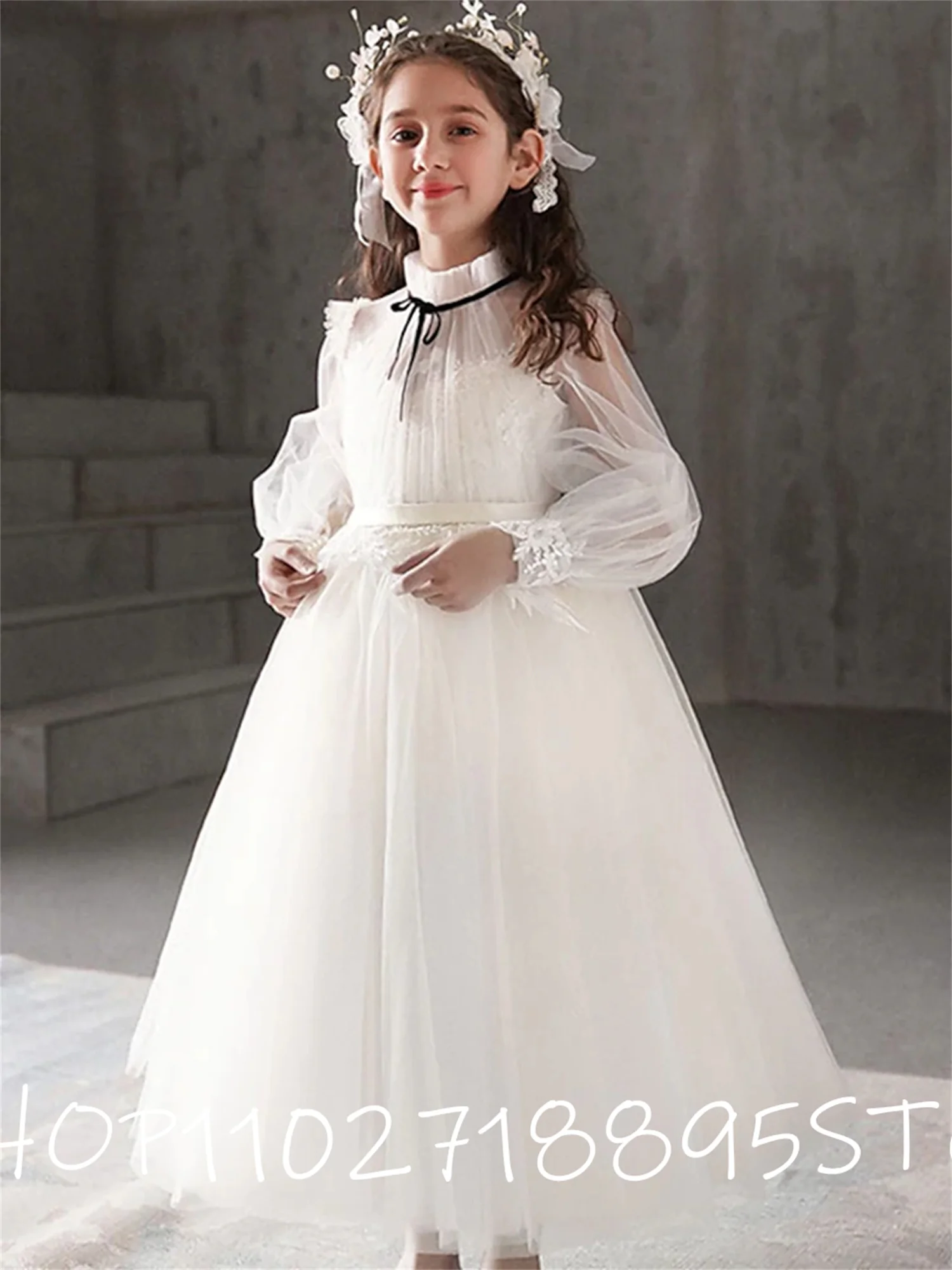 

Wedding Flower Girl Dress Satin Puff Sleeves Fluffy Yarn Embroidery Bow Lolita Princess Dress Court Birthday Party Prom Costume