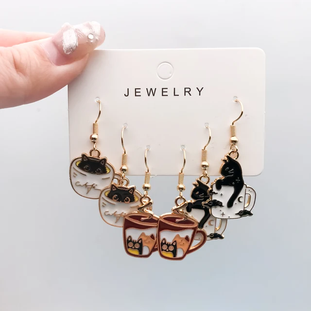 3pairs/set Fashion Exquisite Cute Teacup Cat Earrings Little Cat In A Coffee Cup Accessories For Women Gift For Cat Lover 1