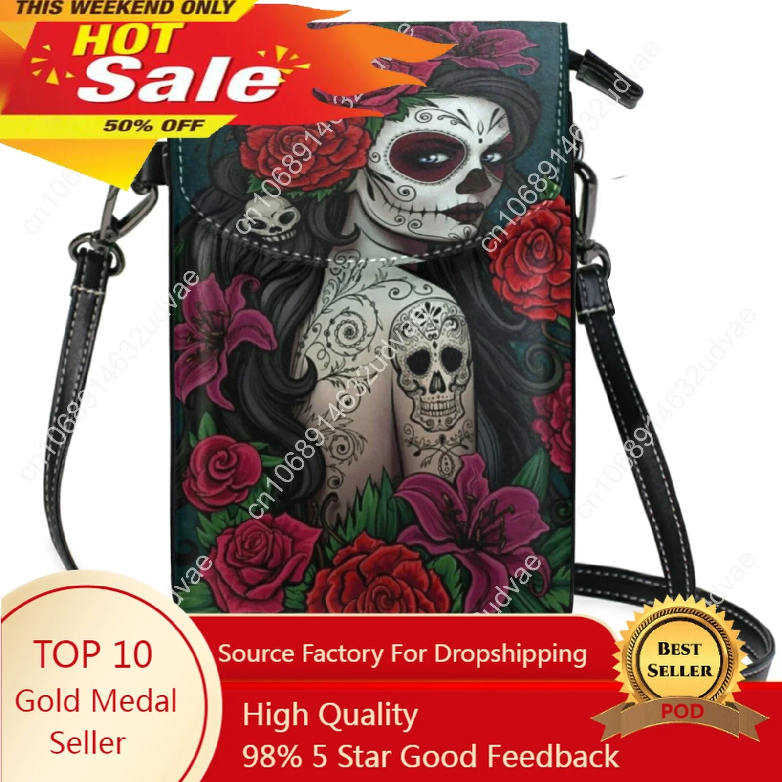 

New Mini Mobile Phone Bag PU Floral Sugar Skull Design Woman Gothic Pu Coin Purse Cross Shoulder Bags Bolsa Mujer Feminina