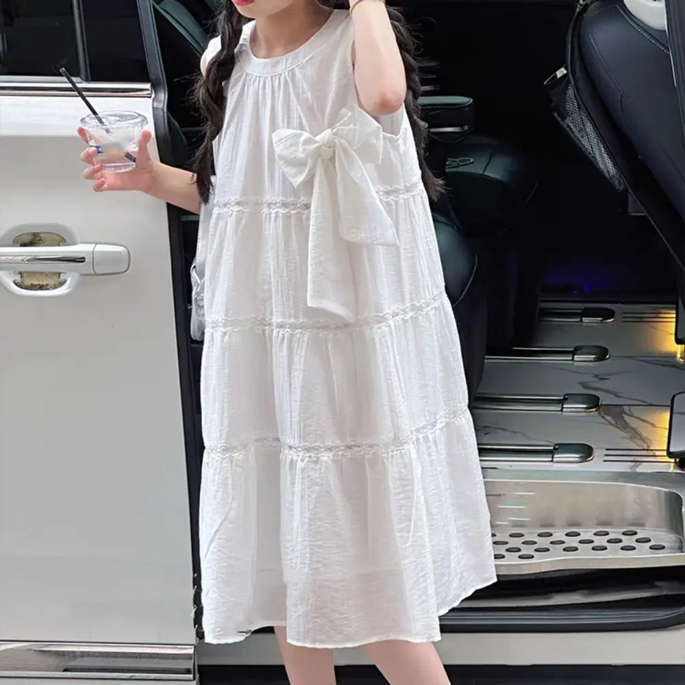 Fashion Ruffle Girls Princess Dress Loose Children Summer Cake Dress Large Bow Sweet Teens Long Dress Students