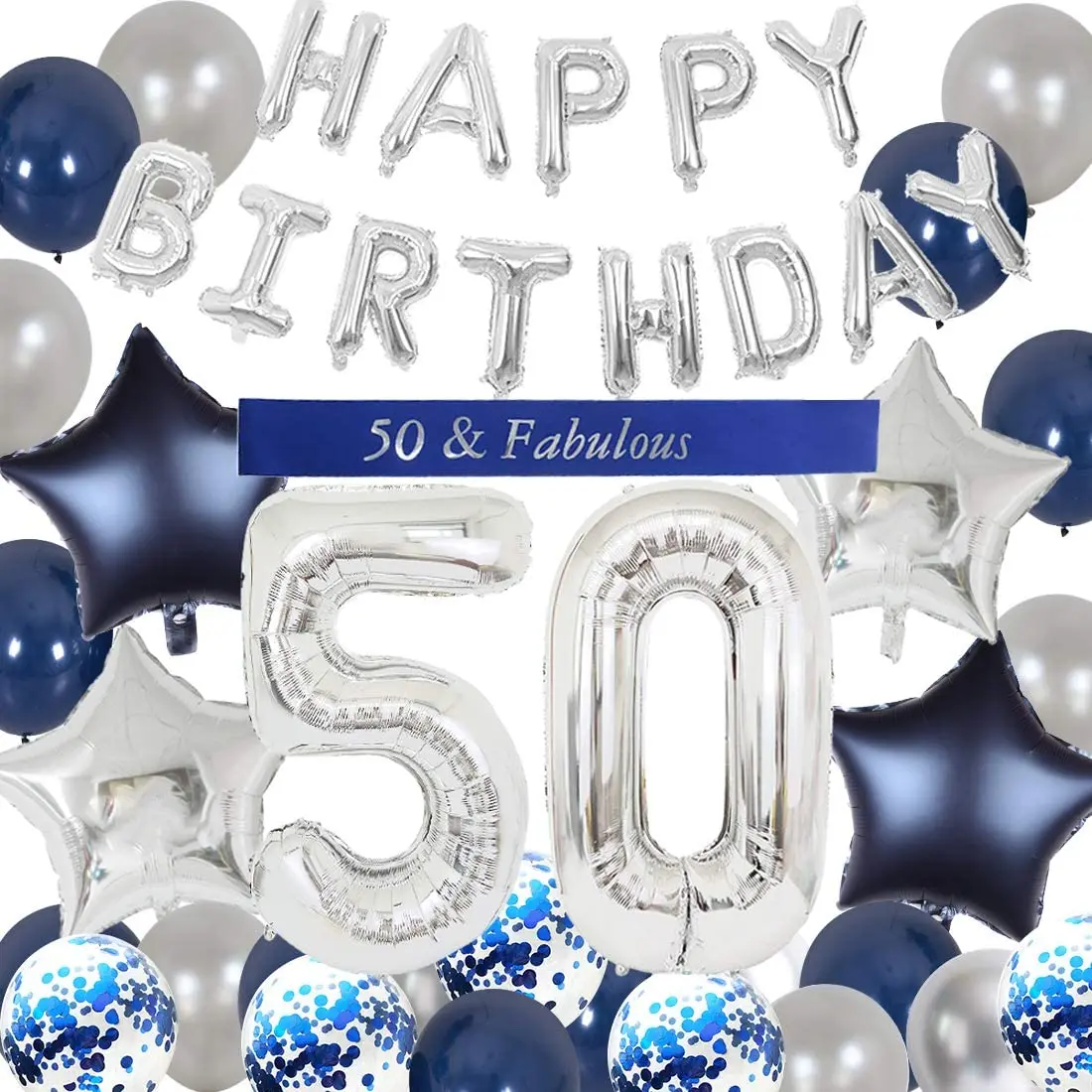 Joymemo 50Th Birthday Decorations Blue Silver Happy Birthday Balloon Banner 50 & Fabulous Sash Per Fifty Birthday Party Supplies