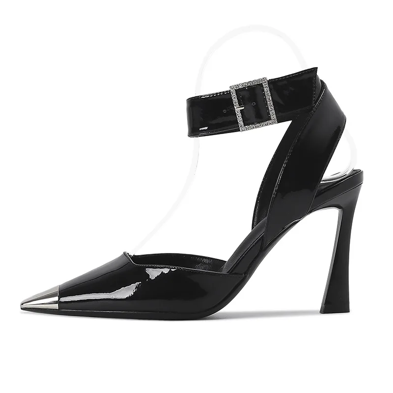 

9cm High Heels Sandals Women's Square Toe Summer Shoes Black Heels Ankle Strap Ladies Sandals