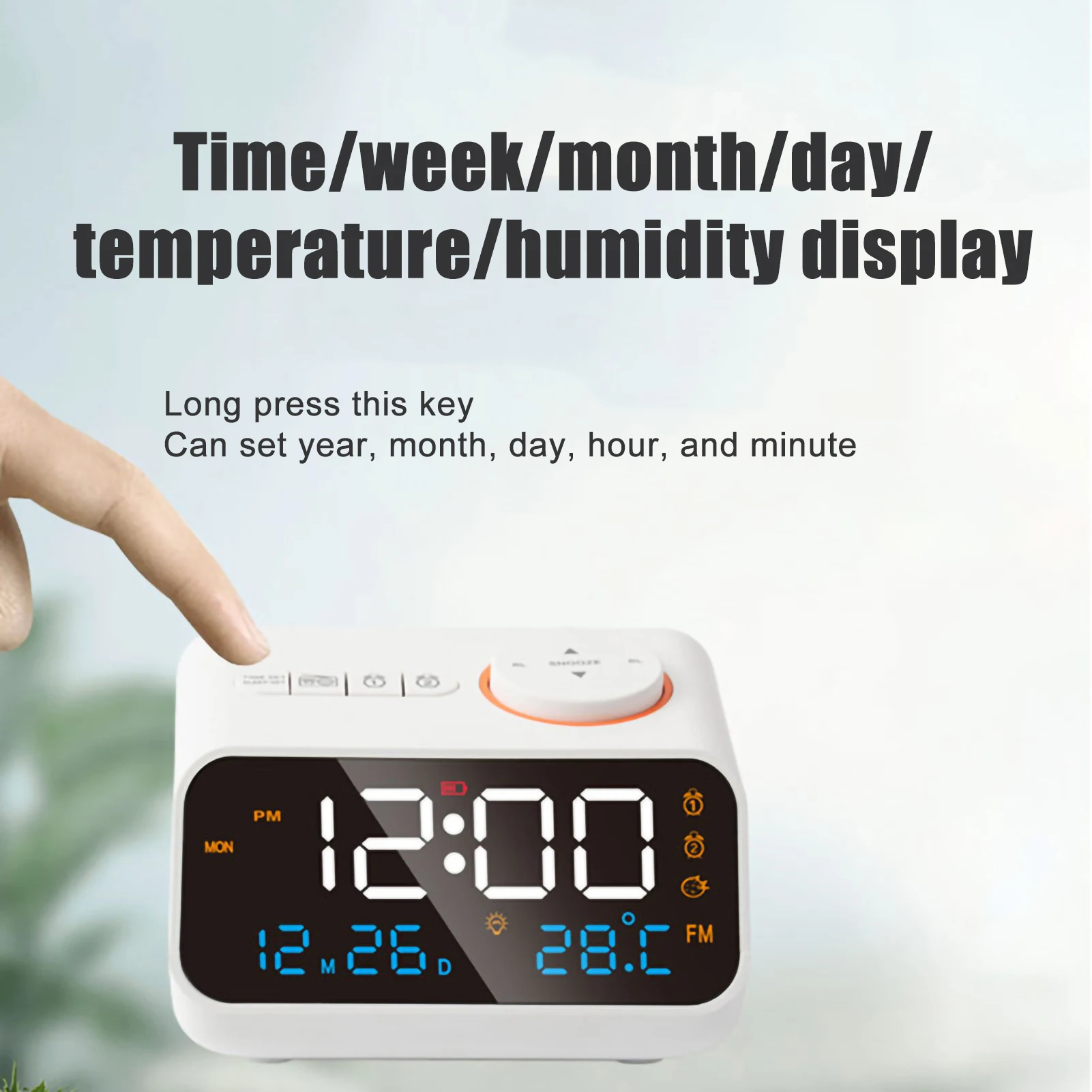 

Mordern 24hr FM Radio LED Alarm Clock Bedside Wake Up Digital Table Calendar Temperature Humidity Display Screen USB Charging