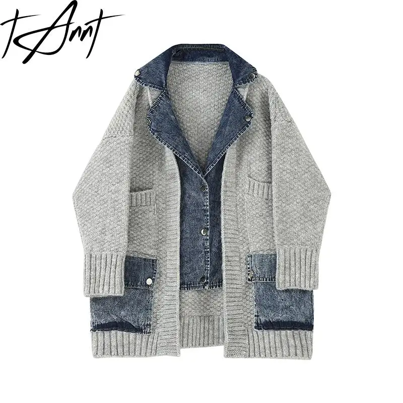 

Tannt Women Sweater Denim Splicing Asymmetry Cardigans Sweaters Irregular Fake Two Color Matching Long Oversized Cardigan Tops
