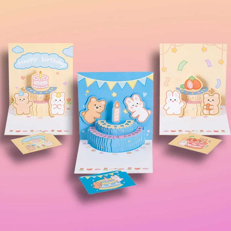 3D Pop Up Light Music Birthday Card Cute Bear Cake Greeting Cards Happy Birthday Party Surprise Blessing Card Gifts