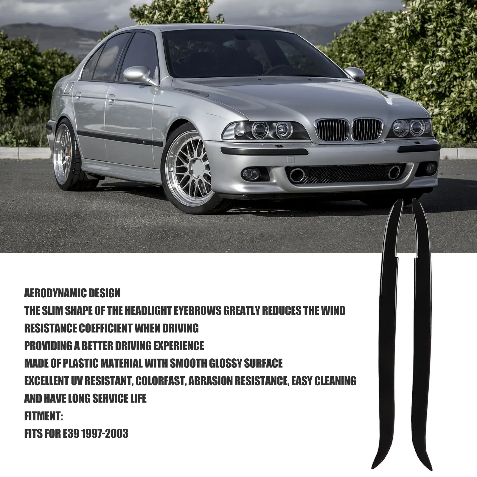 2 Pcs Headlight Eyebrow Glossy Black Trim Front Left Right Decoration for BMW E39 1997‑2003