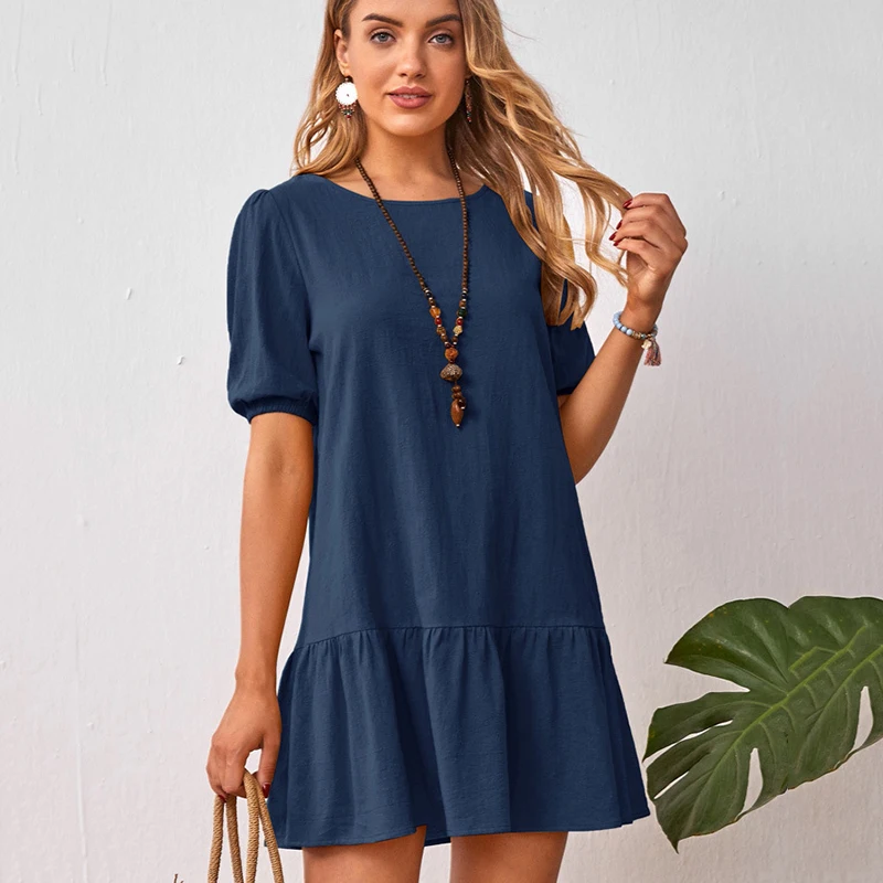 

Fashion Bohemia Casual Loose Mini Dresses Short Sleeve Women's Clothes Round Neck A-line Dresse Vintage Girls Female Clothing
