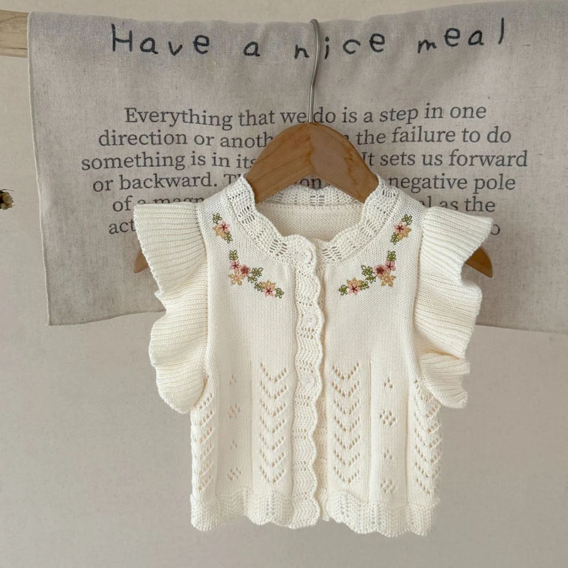 2025년 신상 가을 0-3세  여아 민소매 꽃 자수 니트 가디건 코트  여아 니트 조끼