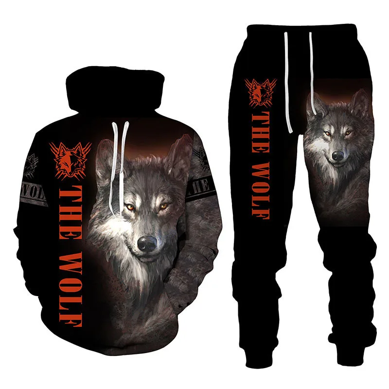 Autumn/Winter New Fierce Wolf Pattern Hoodies Pants Set 3D Printed Casual Sweatshirt Tracksuit Set Fashion Men\'s Clothing Suit