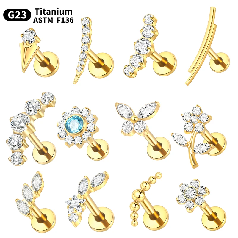 Titanium Ear Cartilage Piercings Flat Back Stud Earring Internal Thread Butterfly Cross CZ Helix Tragus Piercing Jewelry 16G 1PC