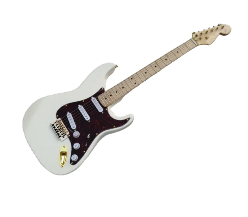 

White body electric guitar with Maple fingerboard,Red pearl pickguard, Gold hardware,Provide customized services