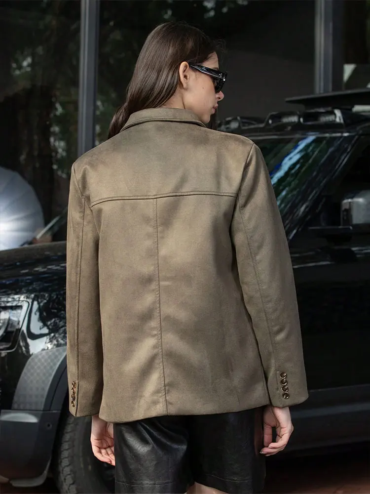HH Women Vintage Solid Suede Blazer Coat Single Breasted Long Sleeve Lapel Jacket With Pockets Casual Office Lady Outerwear