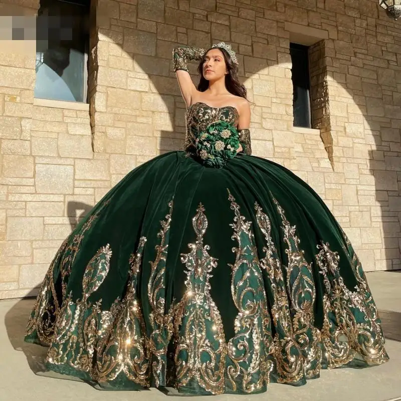 Mexican Girls Quince emerald Green Quinceanera Dresses Applique lace-up corset Sweet 16 Pageant Gowns Velvet Vestidos de XV a&ntilde;os