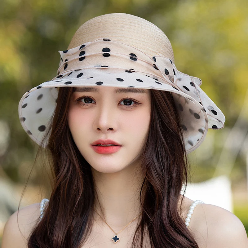 

Organza sun hat goddess temperament wave point flower basin hat spring and summer show face small sunscreen breathable sun hat