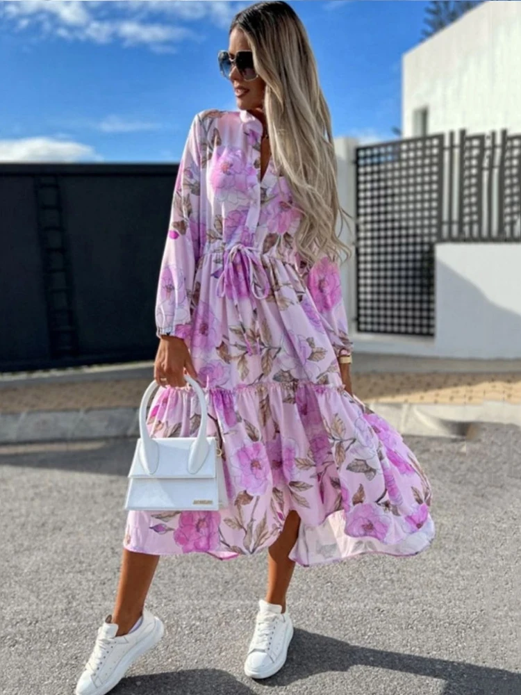

2022 Autumn Long Print Shirt Dress Women Summer Bohemian Maxi Ruffle Dress Single Breasted Elegant Long Sleeve Flower Party Robe