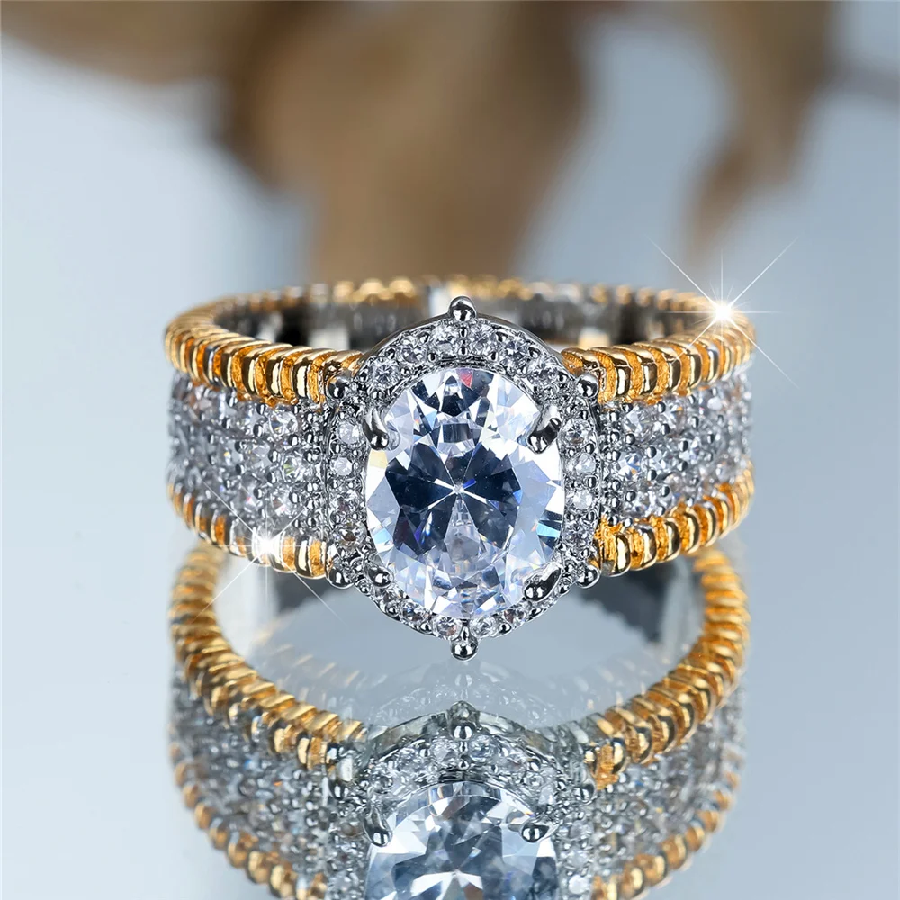 Cute Female White Zircon Stone Oval Engagement Rings For Women Silver Gold Color Wedding Bands Jewelry Party Gifts