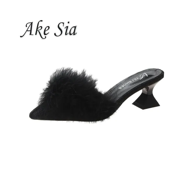2020 new women's set toe-shaped non-slip high heels fashion rubber bottom elastic cloth summer shallow fur shoes 5