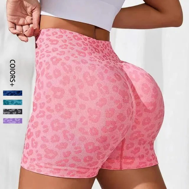 Pantalones cortos con estampado de leopardo para mujer, mallas ajustadas sin costuras, de cintura alta, realce de cadera, de punto, para gimnasio, correr, Yoga, elásticos