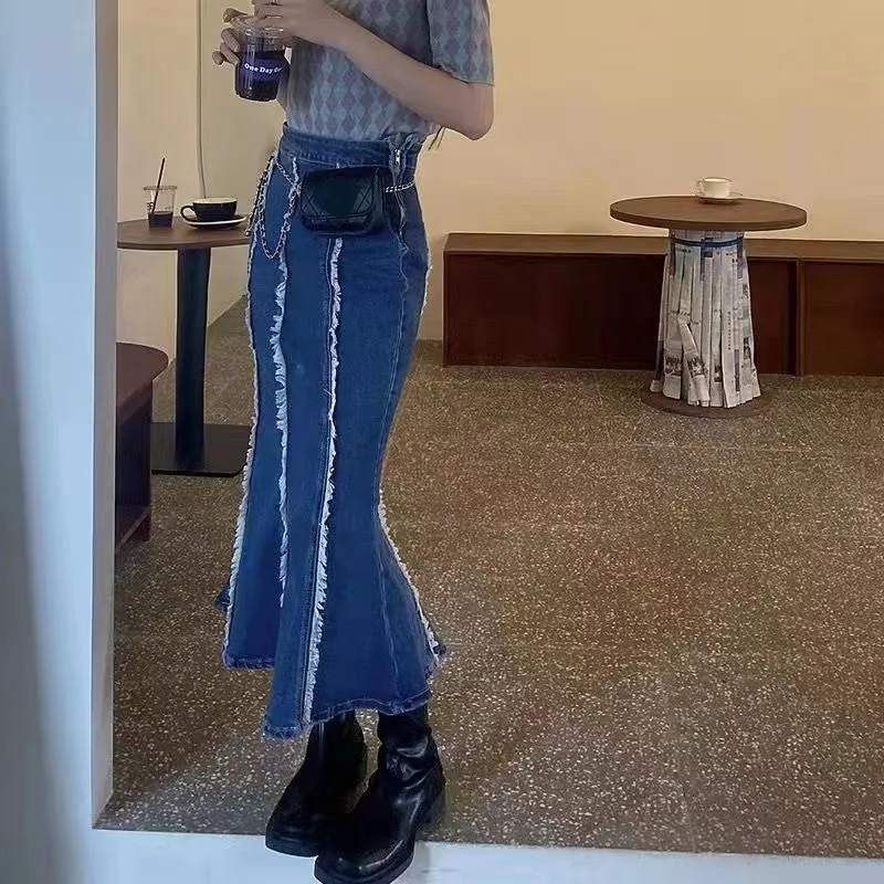 

Fashion Mermaid Denim Skirt Woman 2024 Spring Summer Korean Style High Waist Blue Jeans Skirt Women Elegant Office Trumpet Skirt