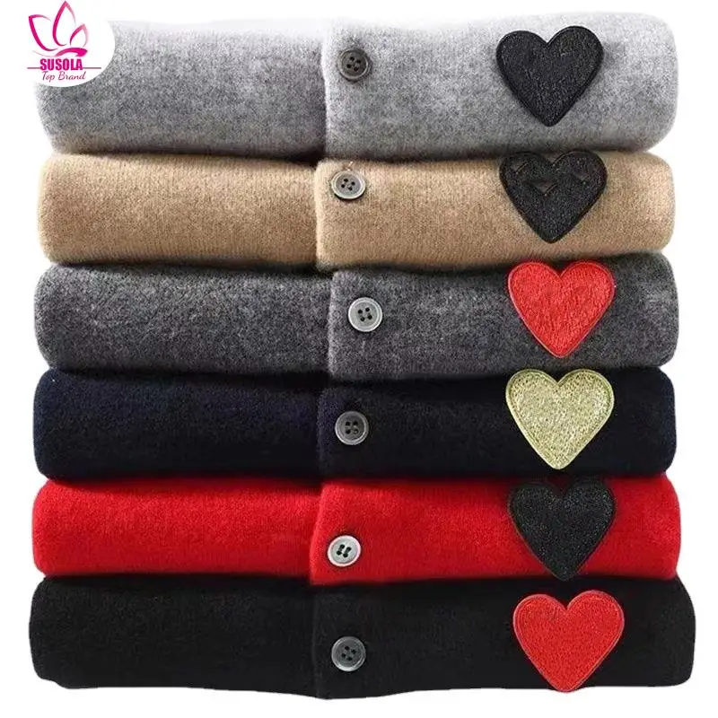 

Women and Men Cardigan Cotton Eye in Heart Embroidery O-Neck and V Neck Long Sleeve Spring Autumn Casual Fitted Lady Knitwears