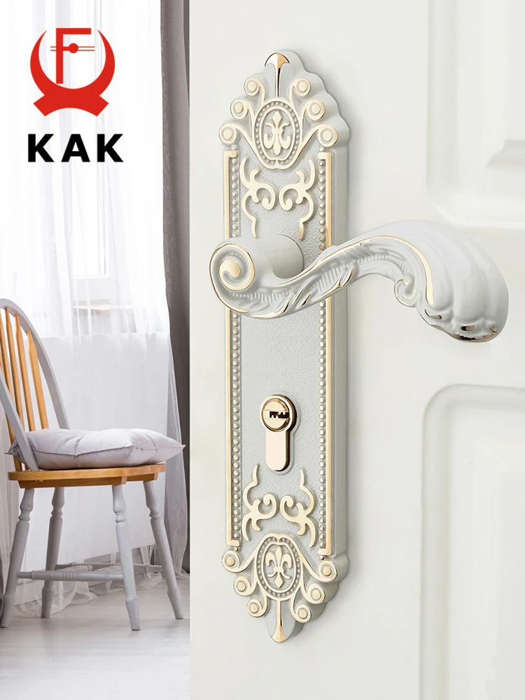 KAK European Style Gold Door Locks with Keys Door Handle Ivory White Security Entrance Door Lock Mute Anti-theft Door Hardware