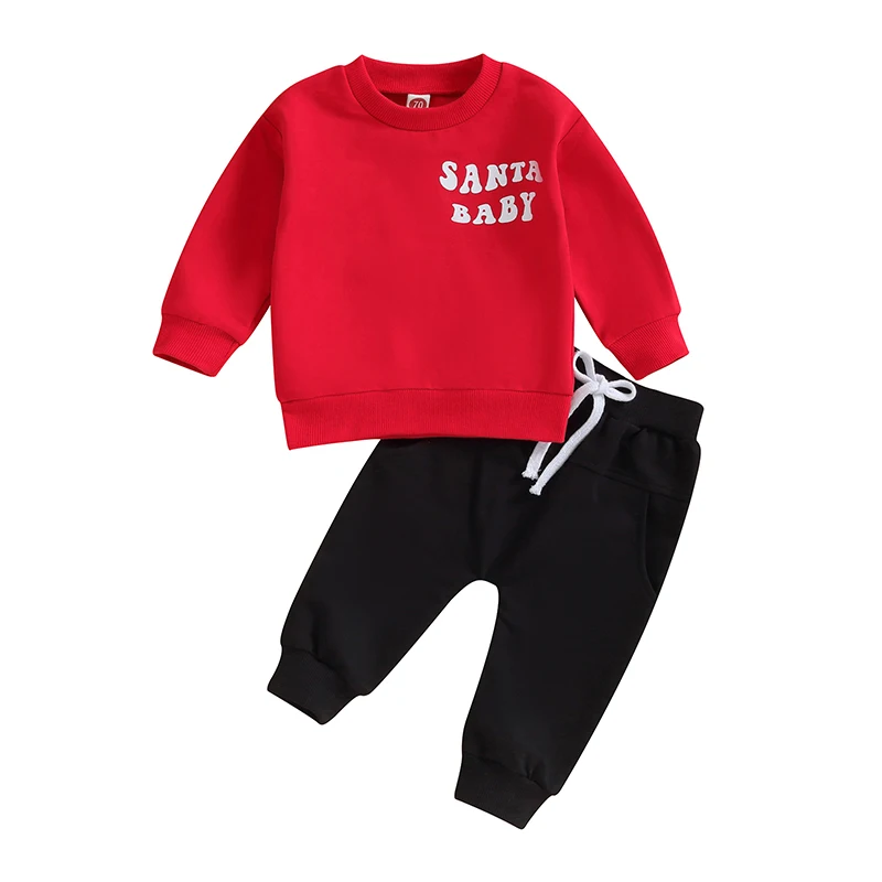 

Рождественская одежда для малышей, мальчиков, свитшот с вышивкой Санта, джемпер, эластичные брюки, Одежда для новорожденных на осень и зиму