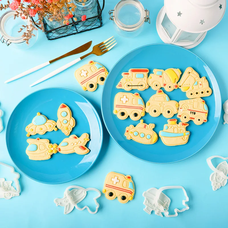 Cartoon Police Car Helicopter Cookie Cutter Children DIY Traffic Car Ambulances Ship Fondant Biscuit Mold Cake Decoration Tools
