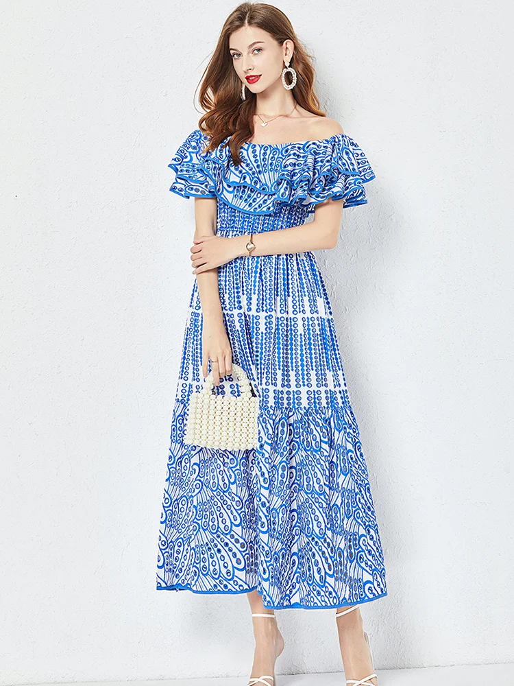 

Runway Summer Women Hollow Embroidery Long Dress Holiday Slash Neck Ruffles Vestidos Blue Off The Shoulder Party Robes