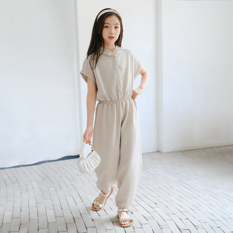 

Summer Jumpsuit Girls Elegant Casual Hooded Buckle Children Jumpsuit Teenage Trousers Playsuit Overalls Bodysuit Romper Clothing