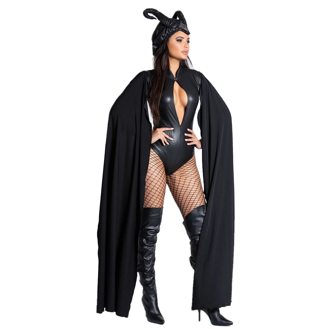 

Witch Maleficent Sleeping Beauty Cosplay Costume Adult Women Hallowen Costumes Evil Black Dress Horn Hat Outfit Hat Helmet Hood