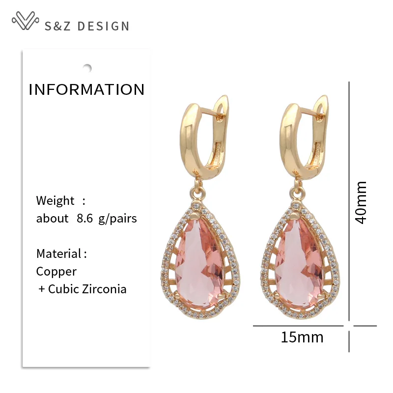 S&Z DESIGN New Fashion Water Drop Champagne Cubic Zirconia Dangle Earrings For Women Girls Wedding Party Jewelry Elegant Gift