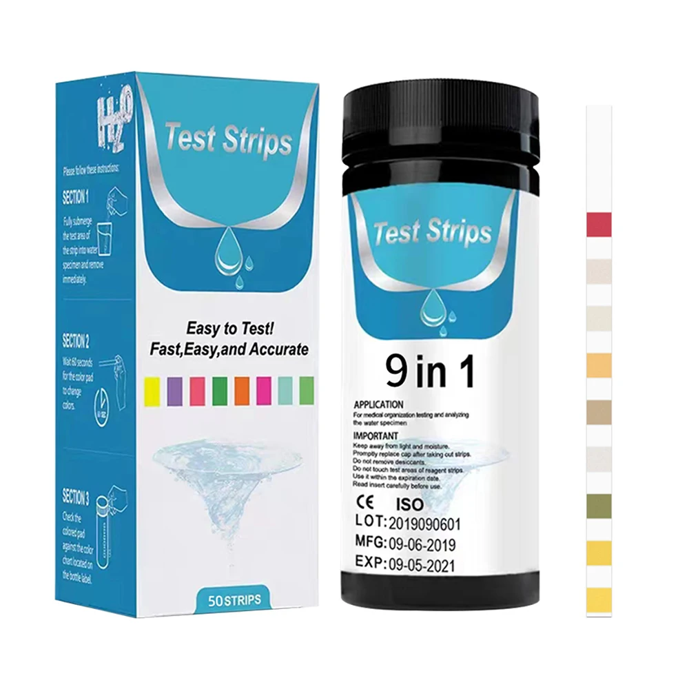 50 شرائط أوراق اختبار جودة المياه 9 في 1 شرائط كاشف PH اشرطة الفحص القلوية PH النترات نيتريت فلورايد اختبار لحمام السباحة