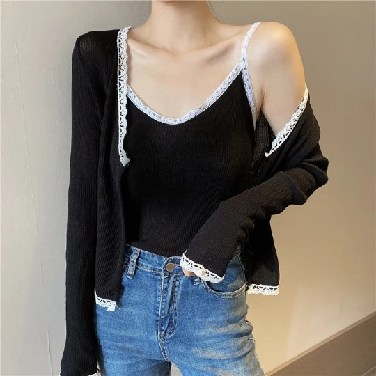 

2PC set Knitting Girl Black Women Blouse Woman Shirt Sweater Cardigan Knit Tops Tight Women's Sweaters Top Coat Cloth Suétere