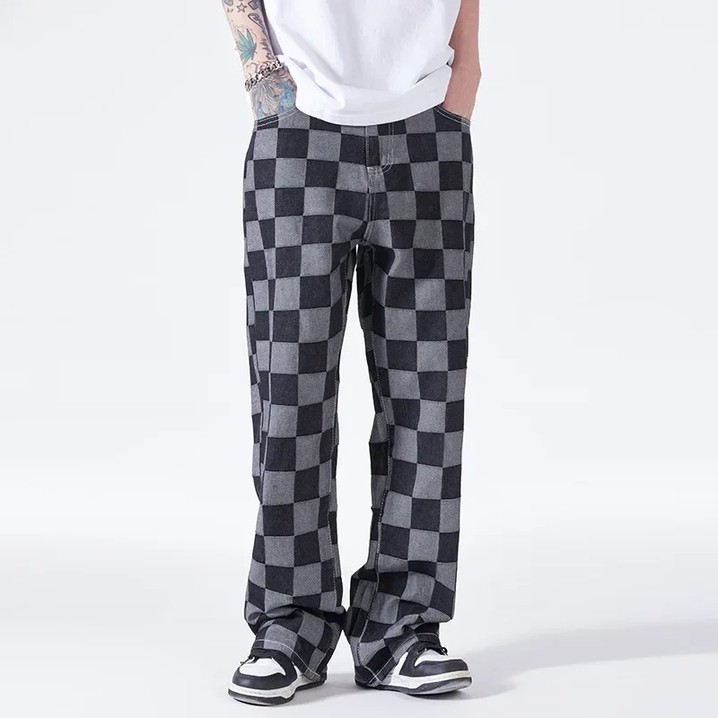2024 New Summer Jeans Men Checkered Denim Trousers Male Oversize Loose Casual Wide-leg Pants Streetwear Harajuku Clothing