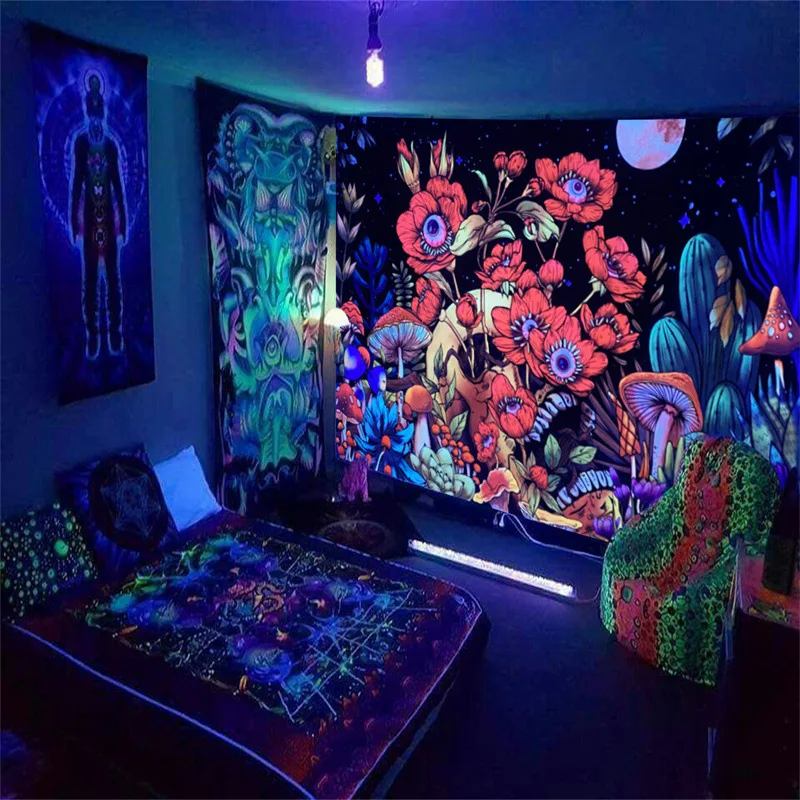 Black Light Tapestry Reactive Psychedelic Mushroom Tapestry Aesthetic Wall Hanging for Bedroom Dorm Indie Room