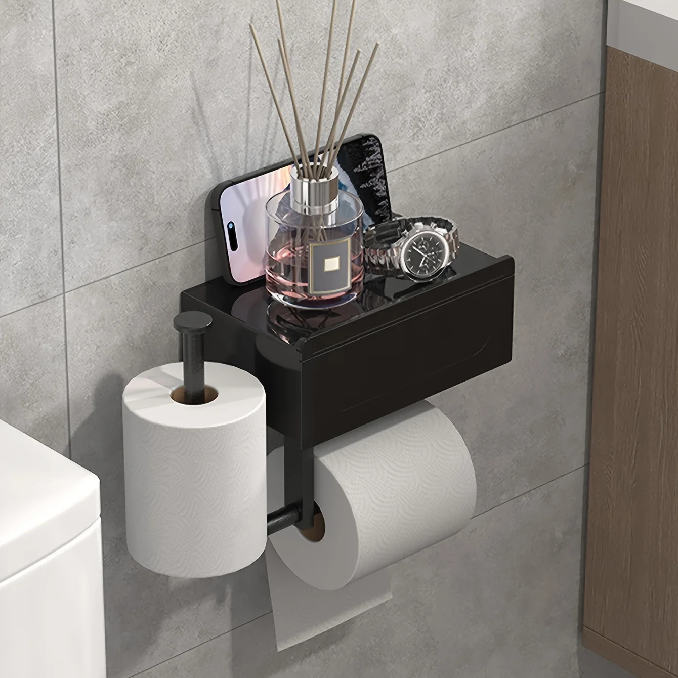 1pc Sleek Black Wall - Mounted Toilet Paper Holder with Shelf - No - Drill, Durable Bathroom Organizer for Essentials 5