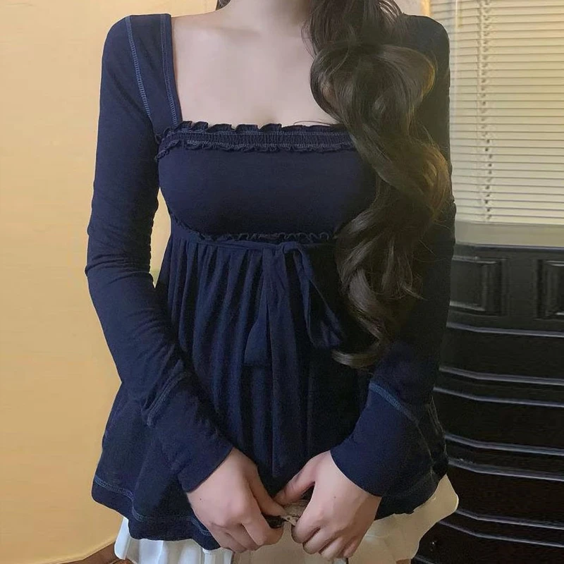 Cottage Fairy Y2k Front Tie-up Milkmaid Tops Women Babydoll T-shirt 90s Vintage Square Collar Long Sleeve Peplum Blouse Tees 1