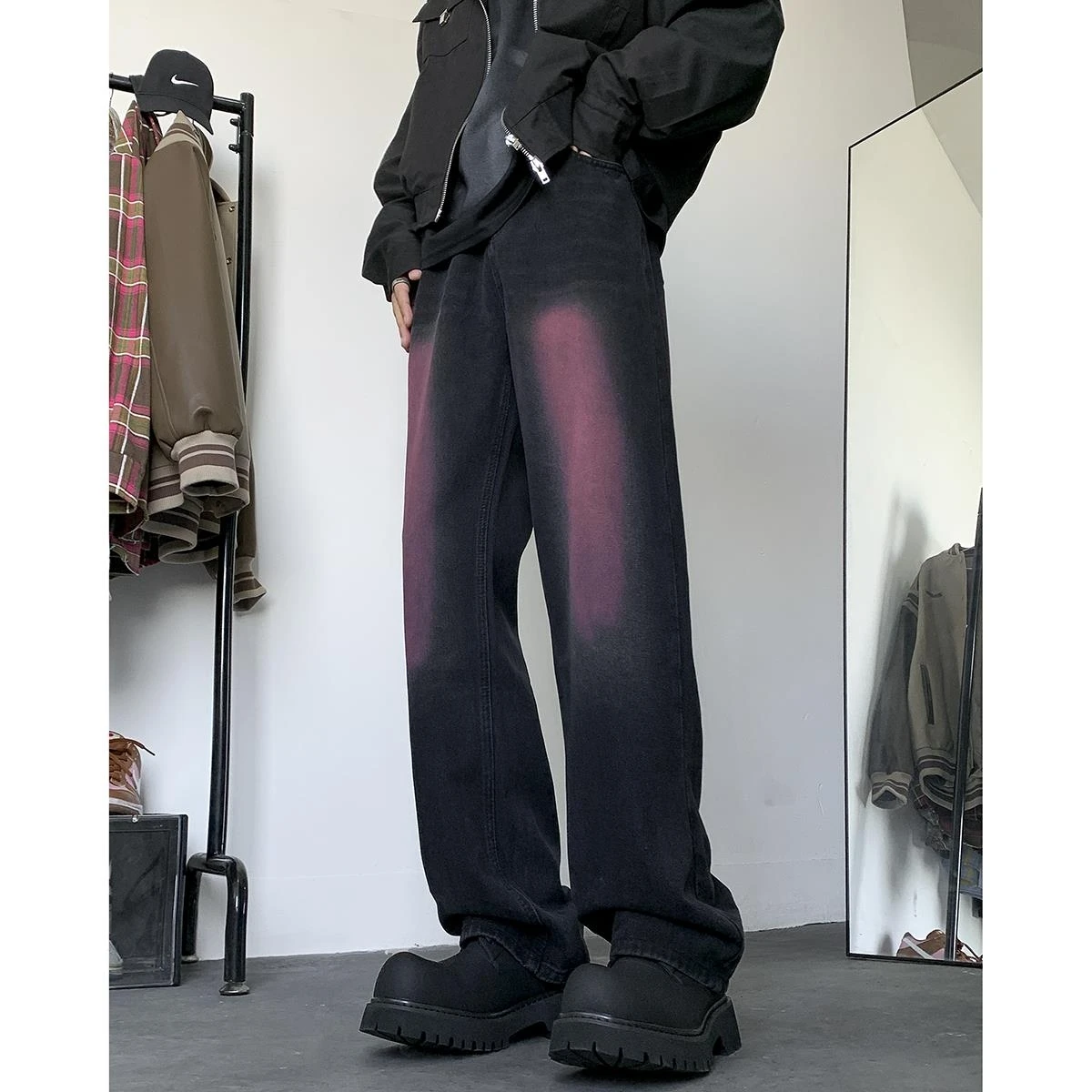 New Designer Men Gradient Jeans Pant Oversize Straight Long Trousers Black Blue Hip Hop Young Streetwear Clothes