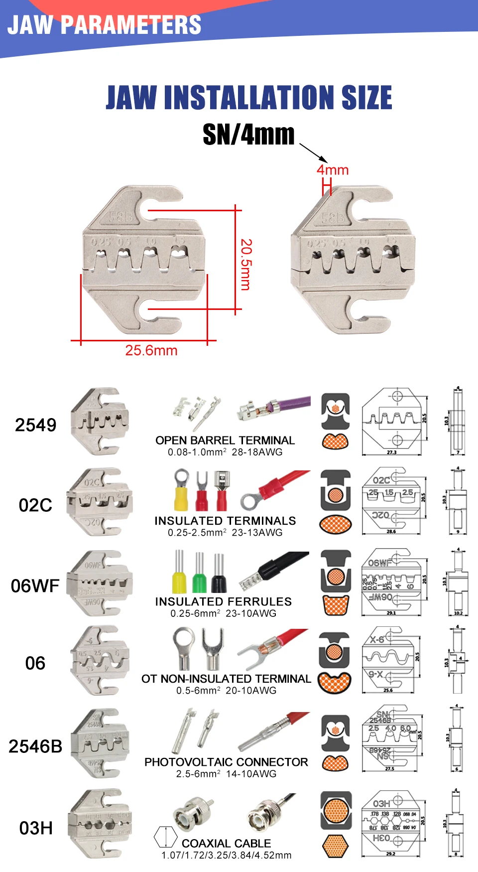 1 Stück SN Crimpzange Backe (Breite 4 mm/Zange 190 mm) Pulverlegierung für TAB 2,8 4,8 6,3 XH2,54 Stecker Isolierrohr Terminal Werkzeuge – Detail 4