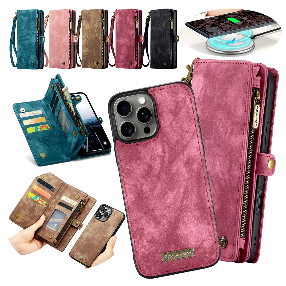 Luxury Leather Wallet Case with Zipper and Strap