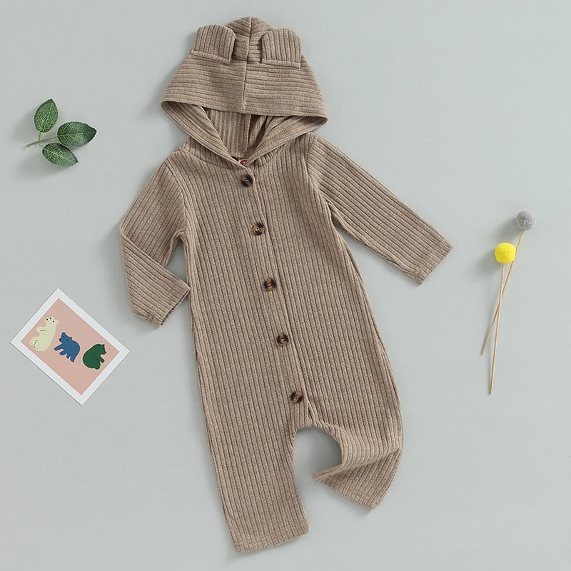 0-12M Autumn Baby Boys Girls Cute Romper Solid Color Long Sleeve Single Breasted Hooded Jumpsuits baby rompers baby jumpsuit baby clothing