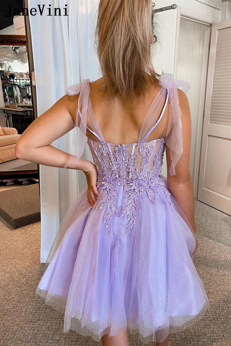 JaneVini Elegant Lilac Lace Appliqued Homecoming Dresses Short Mini Beaded Women Party Wear Sexy Illusion Tulle Cocktail Dress