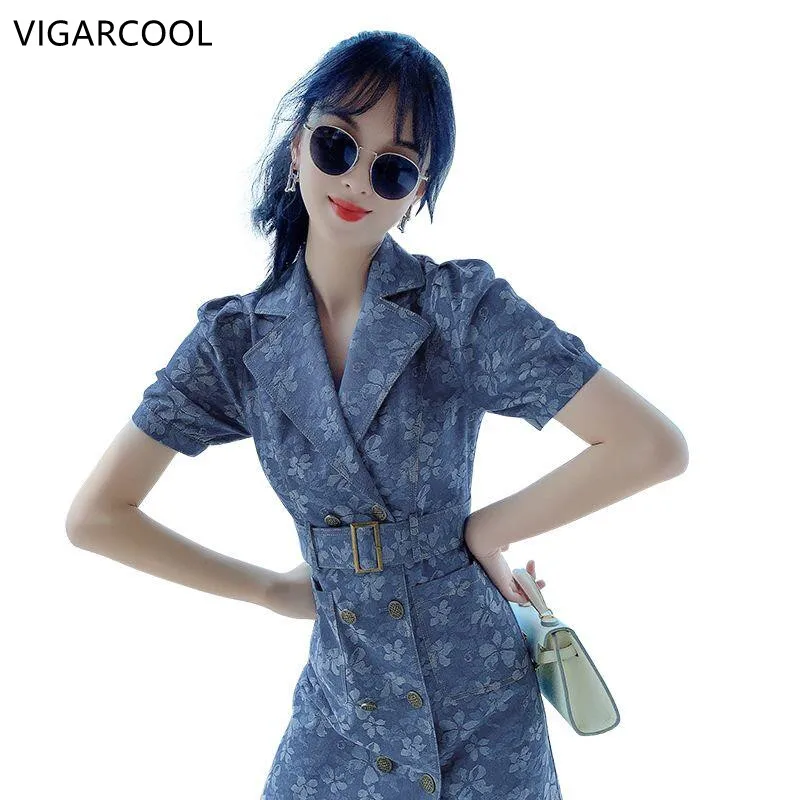 

Retro Women's Denim Dress 2023New Suit Collar Double Breasted Spring/Summer Women's Fragmented Flower Style Fashion Dress Female