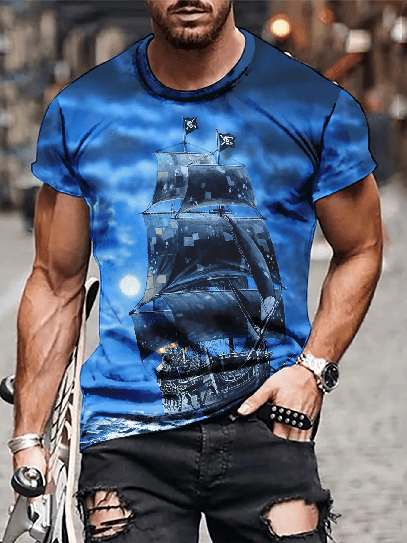 

Vintage Men's Pirate Ship Nautical Map 3D Printed T-Shirt Marine Animal Fashion Short Sleeved Summer Trend Sailor Clothing Top
