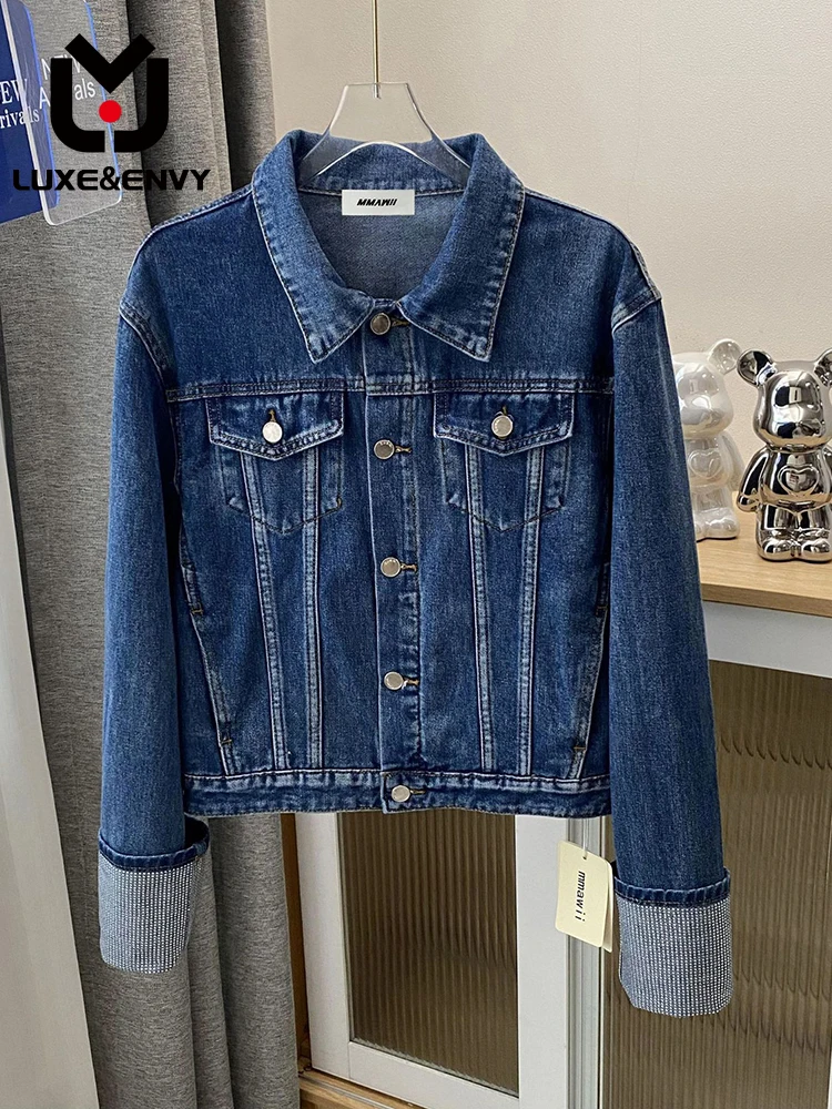 

LUXE&ENVY Autumn 2023 Women's Jacket Crystal Cuffs With Diamond Deep Blue Wash Denim Coat