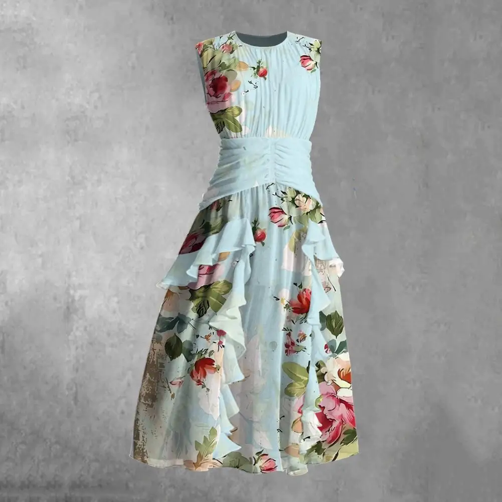 

Summer Dress Elegant Floral Print Midi Dress For Women Retro A-line Prom Wedding Dress With Ruffle Patchwork High Waist Detail