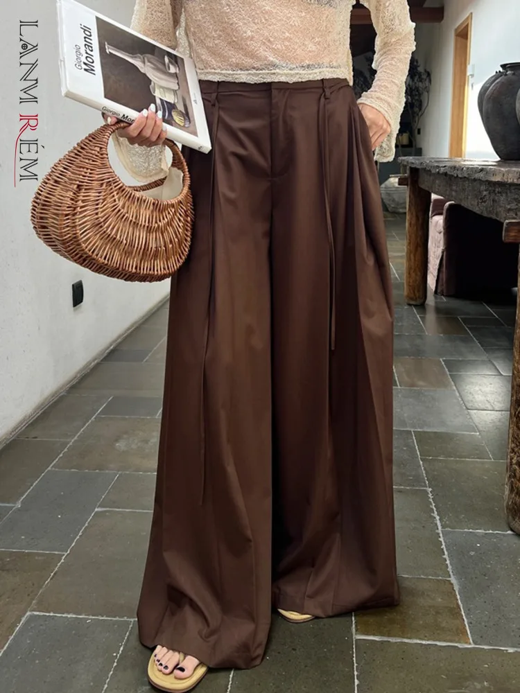 [LANMREM] Fashion Drawstring Pants For Women High Waist Wide Leg Trousers Pleasted Office Lady Clothing 2024 Summer New 26D9374