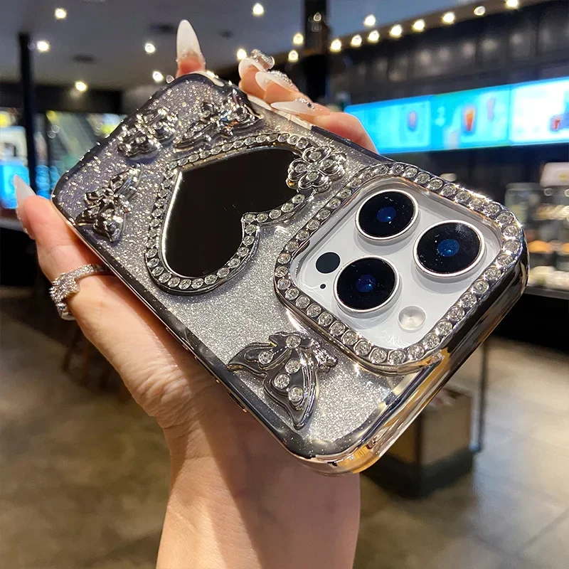 Luxury Electroplate Butterfly Glitter Diamond Case for IPhone 17 16 15 14 13 12 Pro Max Transparent Heart Make Up Mirror Cover view 2