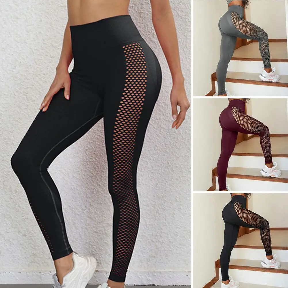 Women Solid Color High Waist Yoga Pants Push Up Hip Lifting Tummy  Controlling Side Hollow Mesh Splicing Fitness Leggings - AliExpress